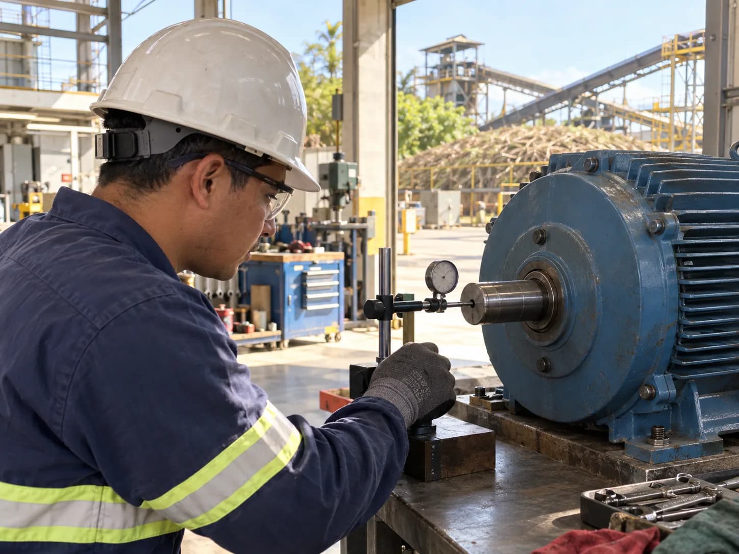 Técnico midiendo el eje de un motor con un comparador de carátula