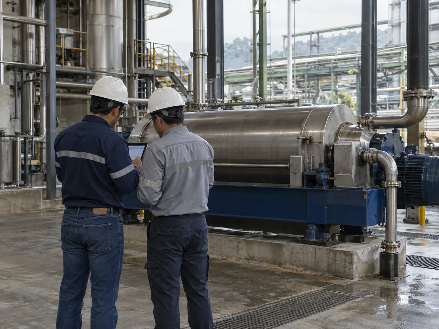 Equipo técnico revisando una centrífuga