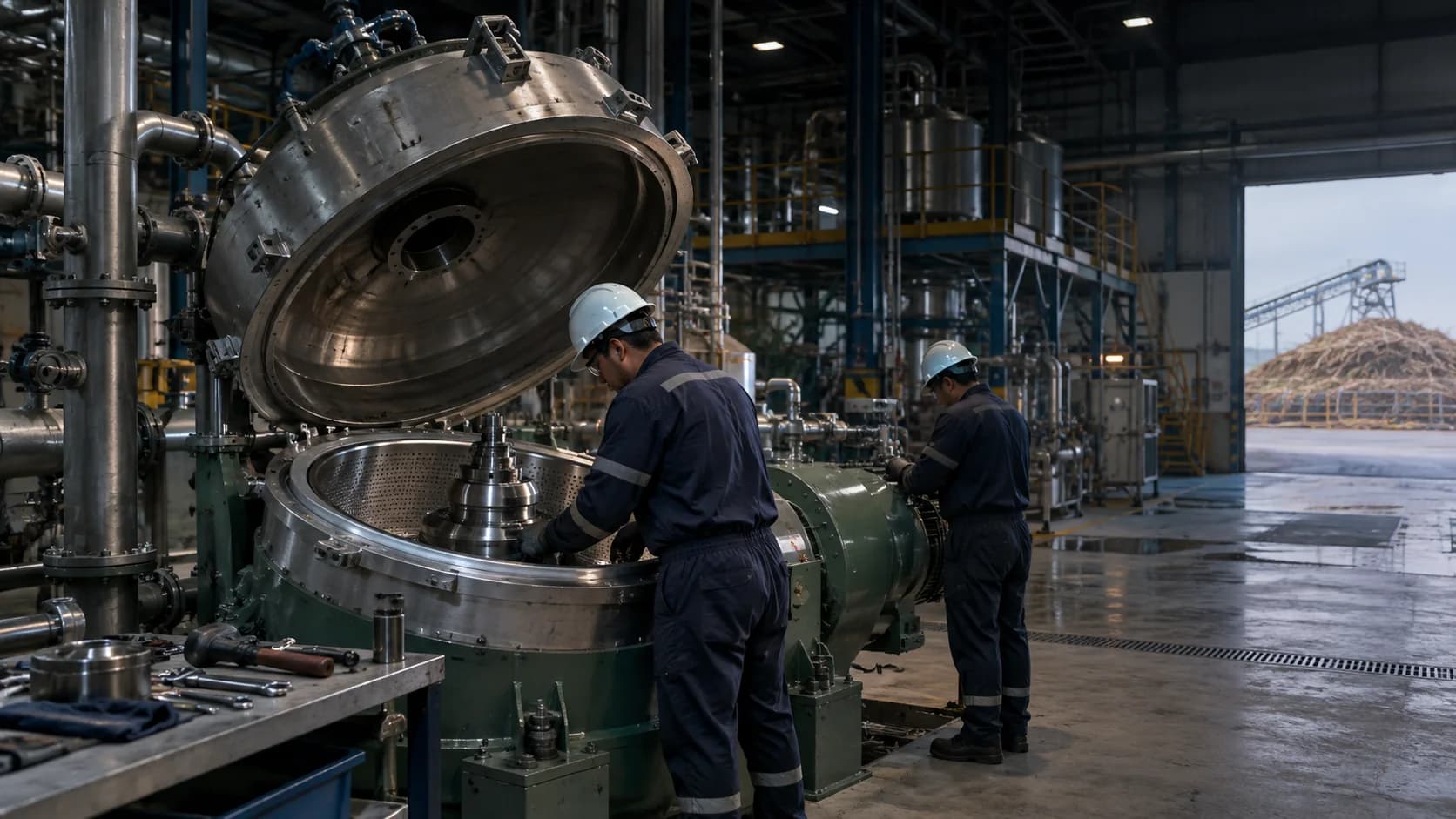 Técnico interviniendo una centrífuga abierta